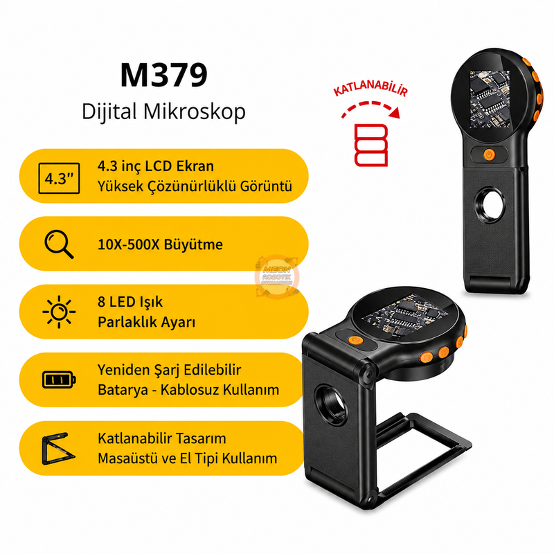 MG379 500X Dijital Ekranlı Katlanabilir Mikroskop | Masaüstü ve Elde Kullanım