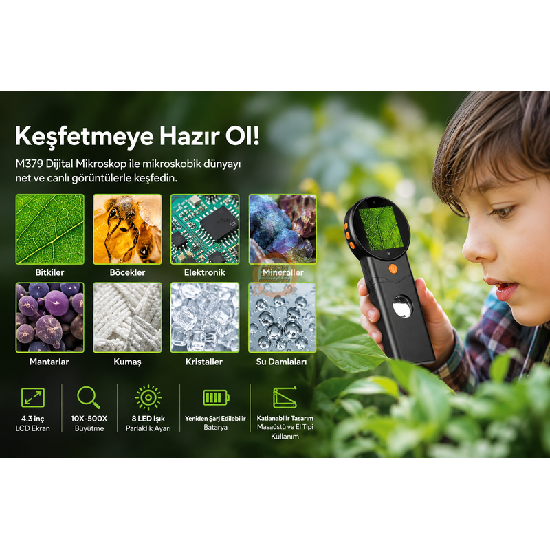 MG379 500X Dijital Ekranlı Katlanabilir Mikroskop | Masaüstü ve Elde Kullanım