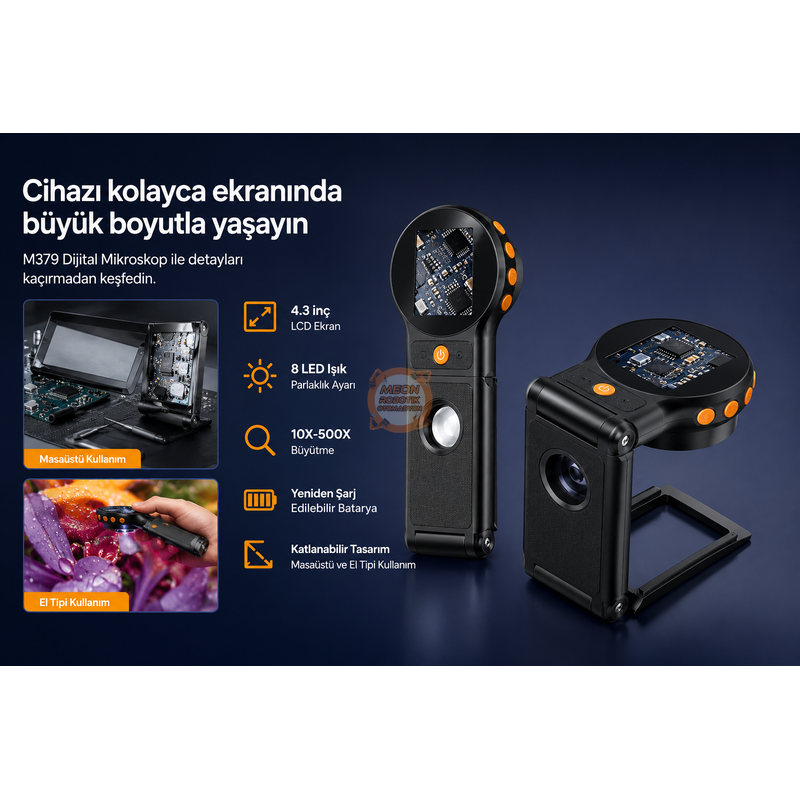 MG379 500X Dijital Ekranlı Katlanabilir Mikroskop | Masaüstü ve Elde Kullanım