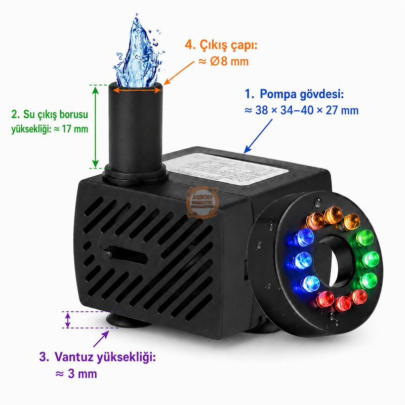 USB 12 LED Renkli Mini Akvaryum 3.5/9V 3W Dalgıç Su Pompası