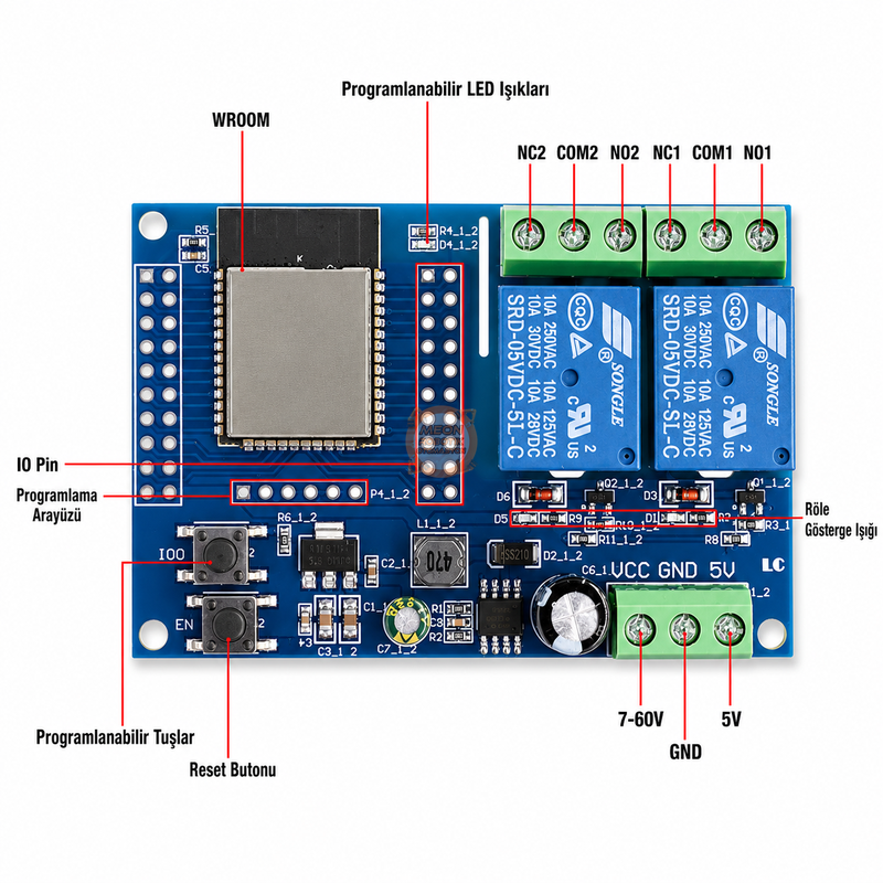 ESP32-WROOM-32E WiFi Bluetooth 2 Kanal 10A Röle Kontrol Kartı - ESP32 Relay X2, 7-30V DC