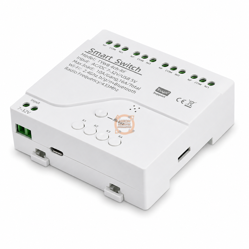 Tuya 4 Kanal WiFi + RF433 Kumandalı Kuru Kontak Akıllı Röle - AC/DC 7-32V, 5V USB, Kutulu