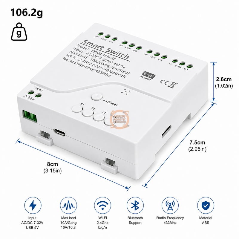 Tuya 4 Kanal WiFi + RF433 Kumandalı Kuru Kontak Akıllı Röle - AC/DC 7-32V, 5V USB, Kutulu