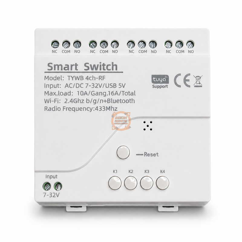 Tuya 4 Kanal WiFi + RF433 Kumandalı Kuru Kontak Akıllı Röle - AC/DC 7-32V, 5V USB, Kutulu