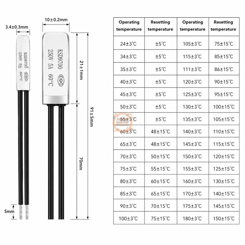 Kablolu Termostat KSD9700 NC 5A 60°C Normalde Kapalı