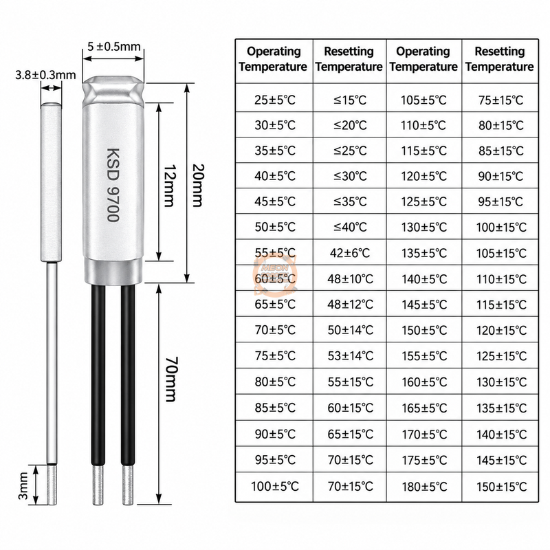 KSD9700 Termostat Kablolu NC 5A 100°C Normalde Kapalı